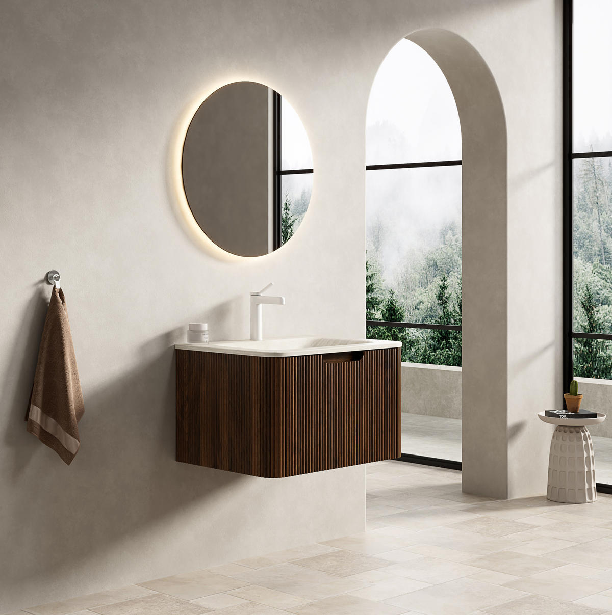 WAND-WASCHTISCH 60 cm mit integriertem Becken Beige/Walnuss - Beige, Holzwerkstoff (46/37.5/60cm) - Beauniv