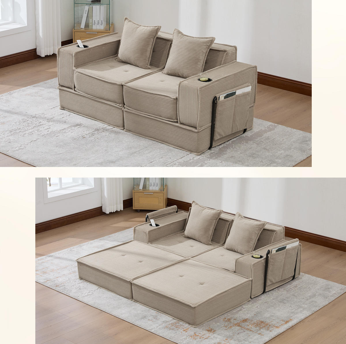 2-SITZER-SOFA aus Cord 162x78x66 cm Khaki mit 2 Kissen und Seitentaschen, modular und familienfreundlich - Beige, Textil (162/66/78cm) - Modfu