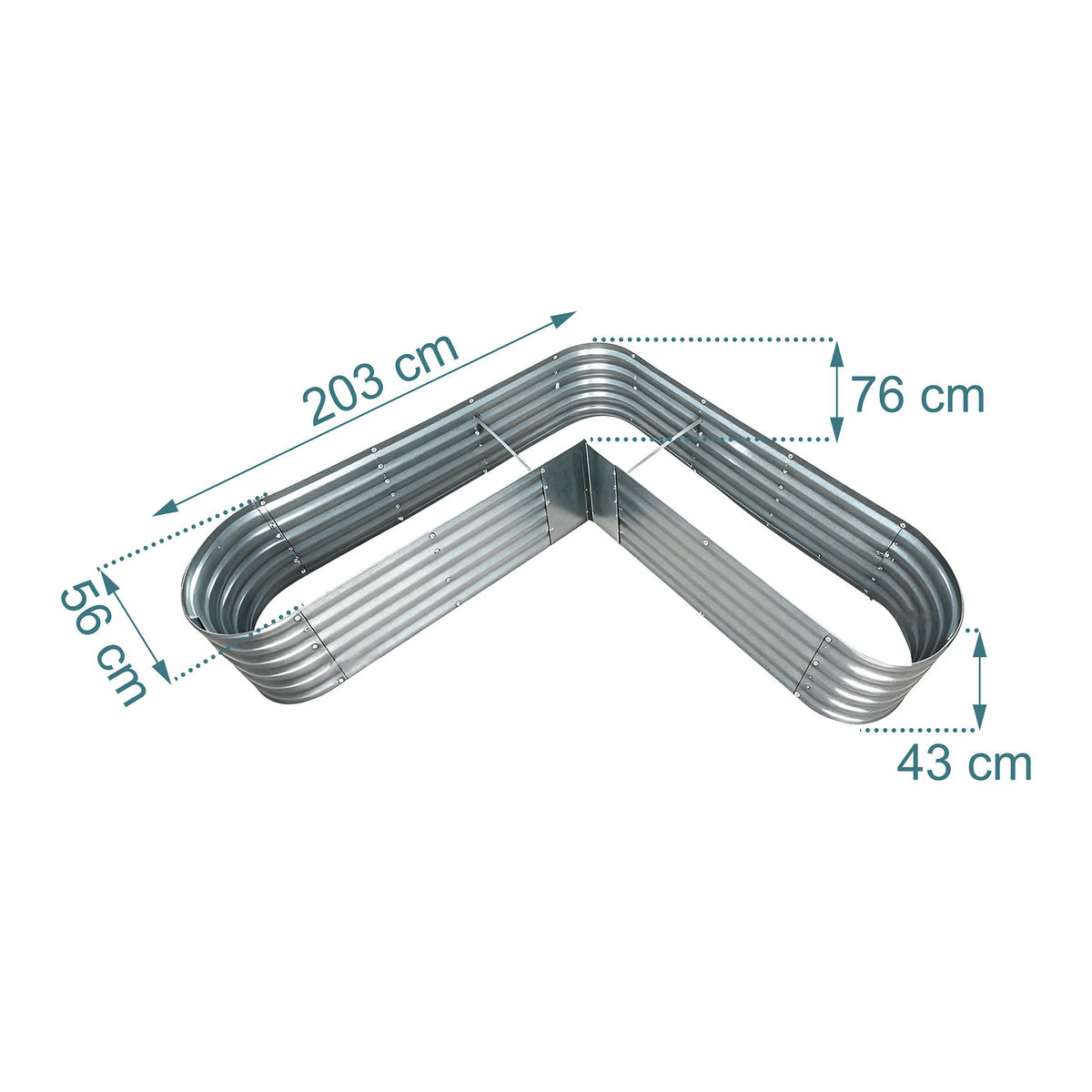 HOCHBEET Silber L-Form verzinktes Eisen 43x203 cm - Silberfarben, Metall (203/43/203cm) - Relaxdays