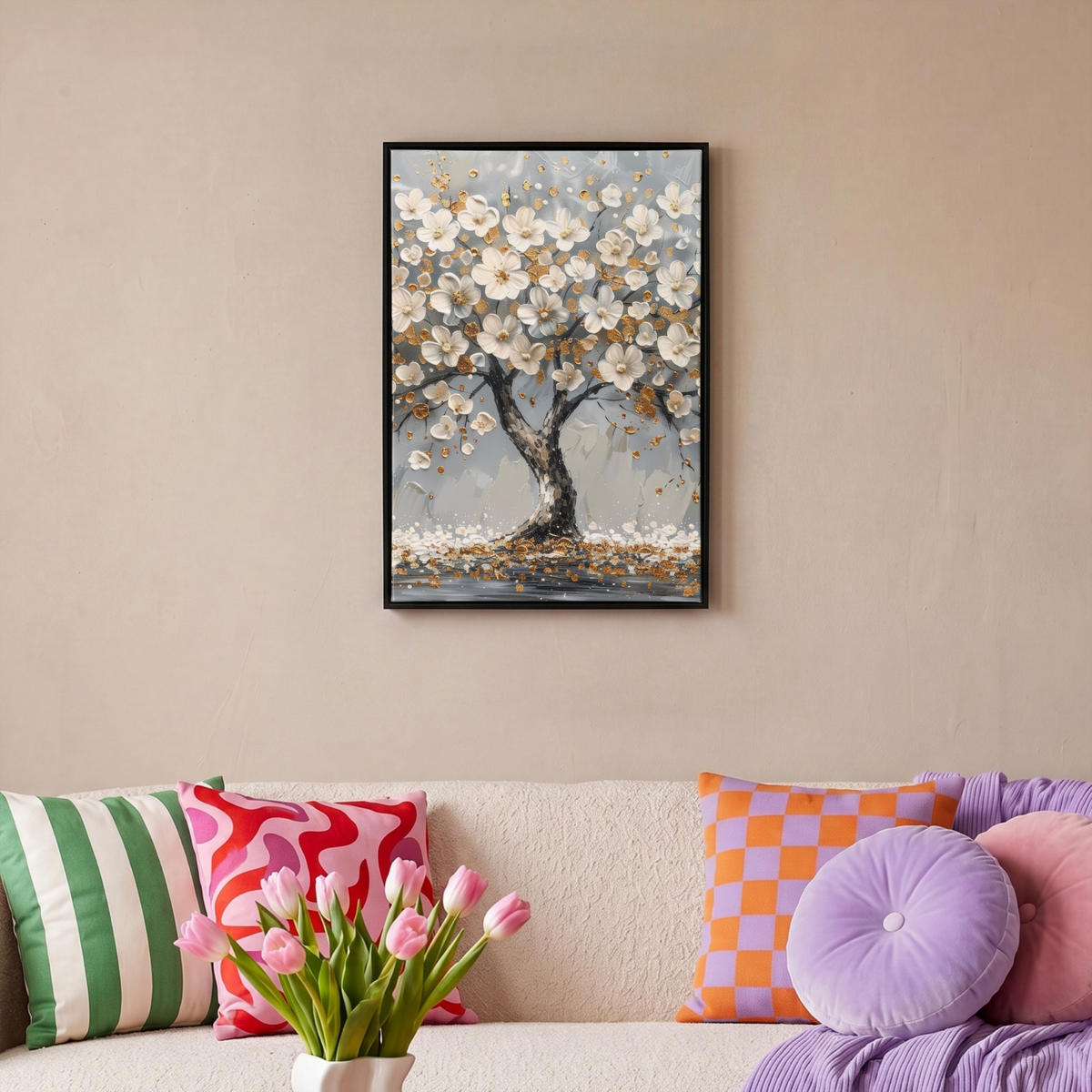 LEINWAND Bilder mit Rahmen - Baum - Blumen - Weiß - Natur - Kunst - 40x60 - Weiß, Textil (40/60cm) - MuchoWow