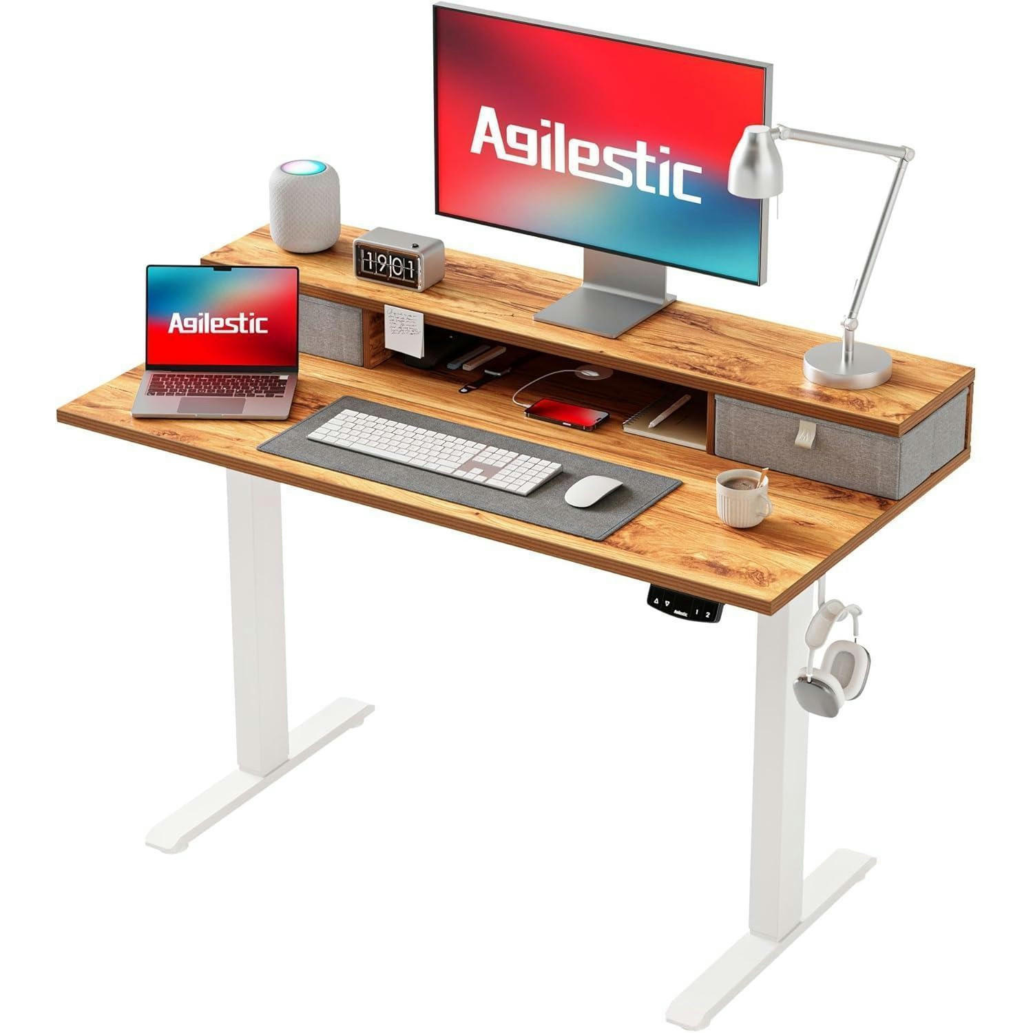 SCHREIBTISCH höhenverstellbar mit 2 Schubladen 100 x 60 cm Hellbraun - Braun, Holzwerkstoff (100/60/75cm)