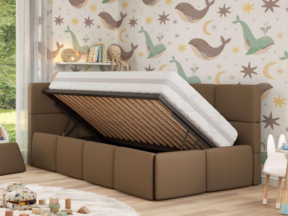 DĚTSKÁ POSTEL ARVO ALTA 90/200 - Hnědá Ekokůže - Vlevo - hnědá, textil (90/200cm) - MKS