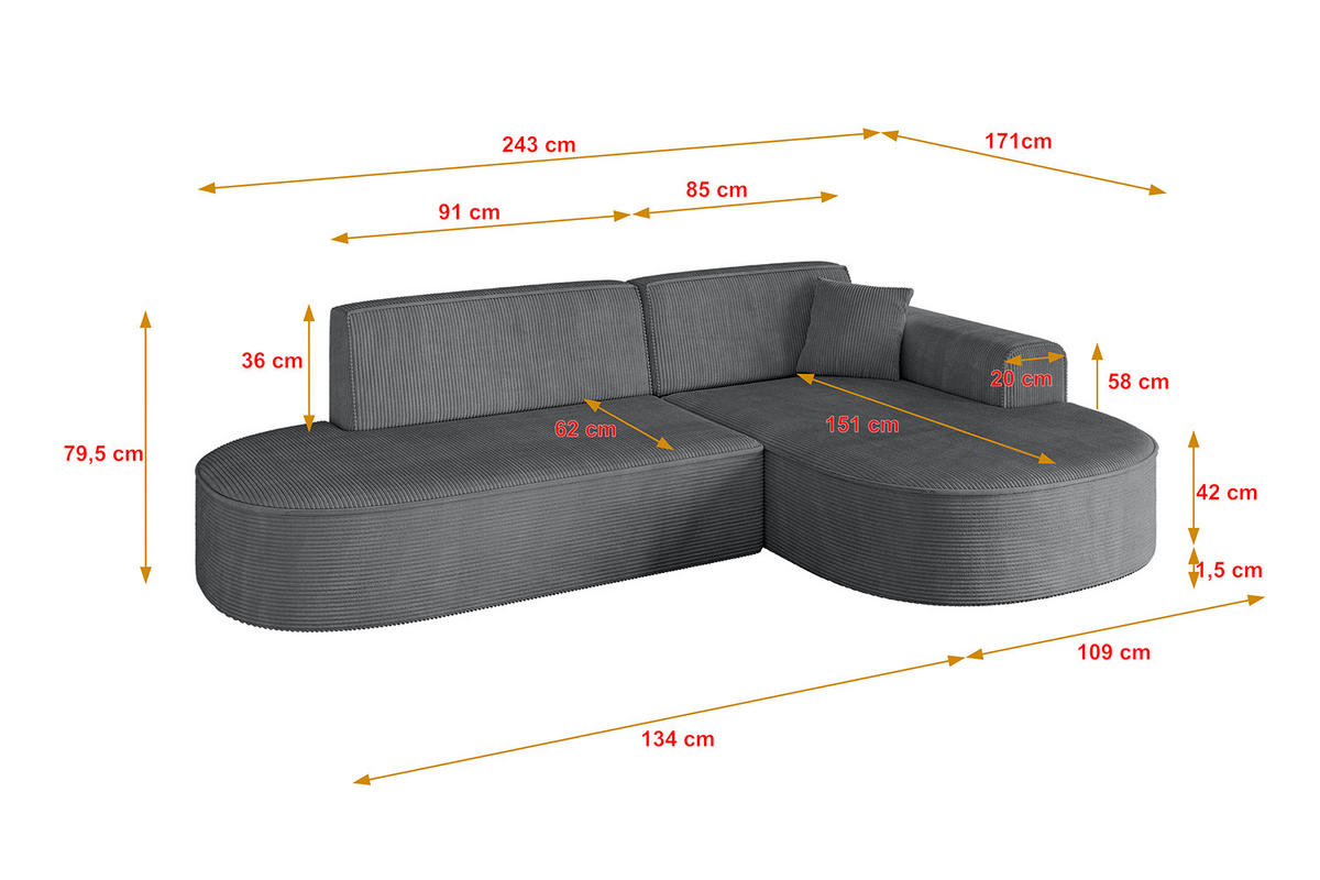 ECKSOFA Ottomane Rechts MARI-L1 - 243x171x79 cm Dunkelgrau Cord - Dunkelgrau/Schwarz, Holzwerkstoff/Kunststoff (234/163cm) - ALTDECOR