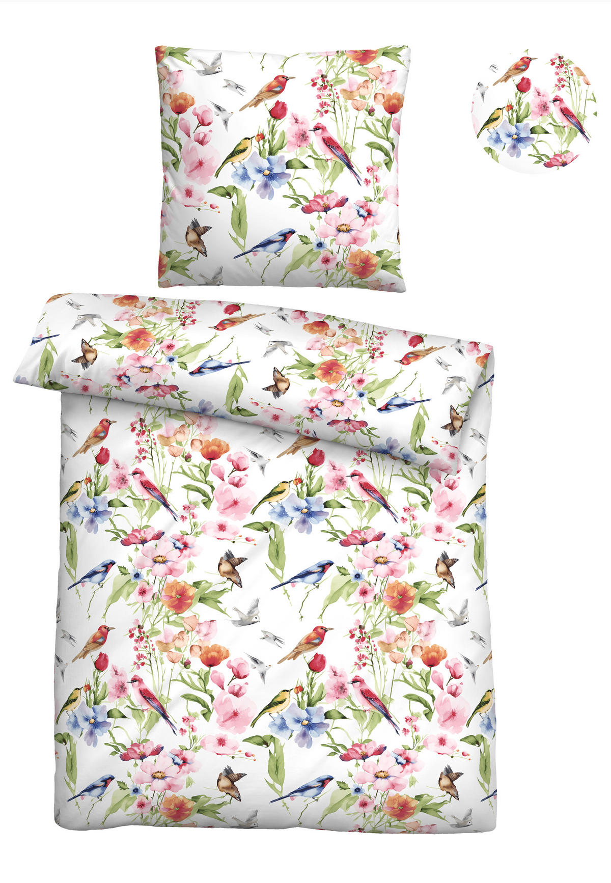 BETTWÄSCHE-GARNITUR Satin Birdie weiss, 135x200 cm + 80x80 cm - Weiß, Textil (135/200cm) - biberna