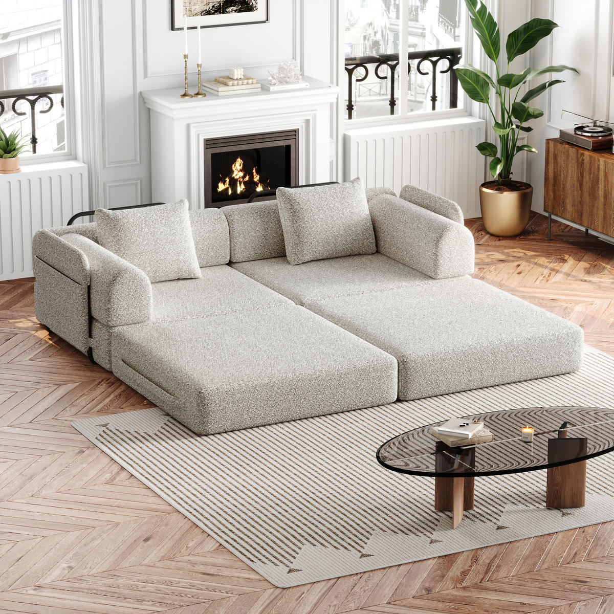 SCHLAFSOFA 2-in-1 mit Armlehnen-Ablagefach in Khaki Chenille 200/90/80 cm - Naturfarben, Textil (181.6/49.5/94cm) - OKWISH