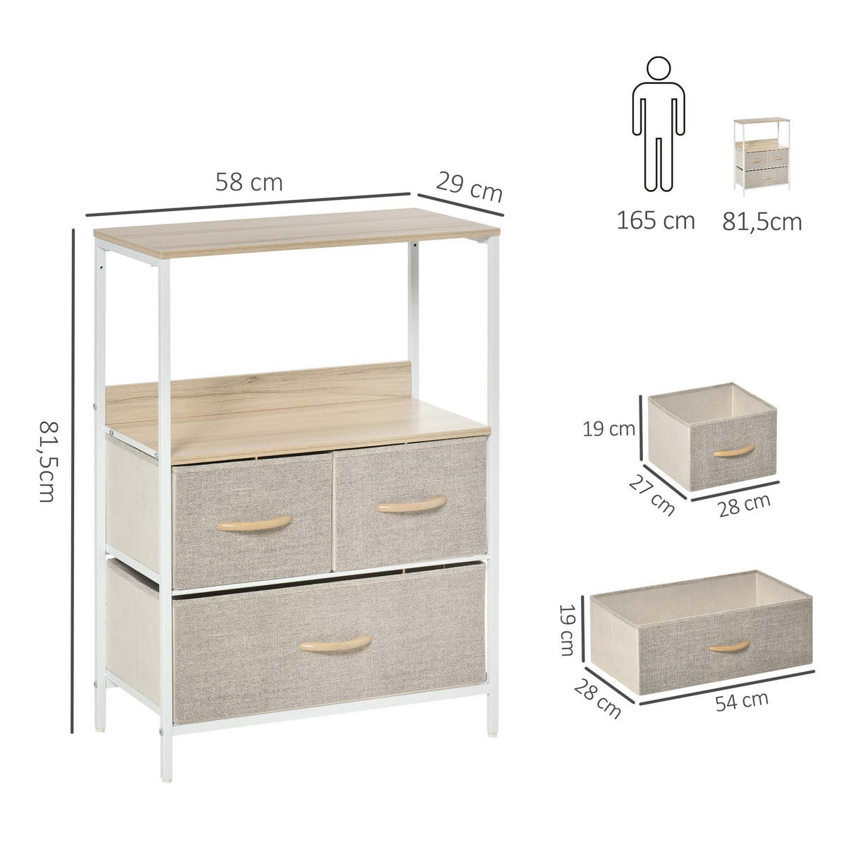 KOMMODE DE-12403 58/29/81 cm Weiß / Natur - Weiß, Metall (58/81.5/29cm) - ComfortXL