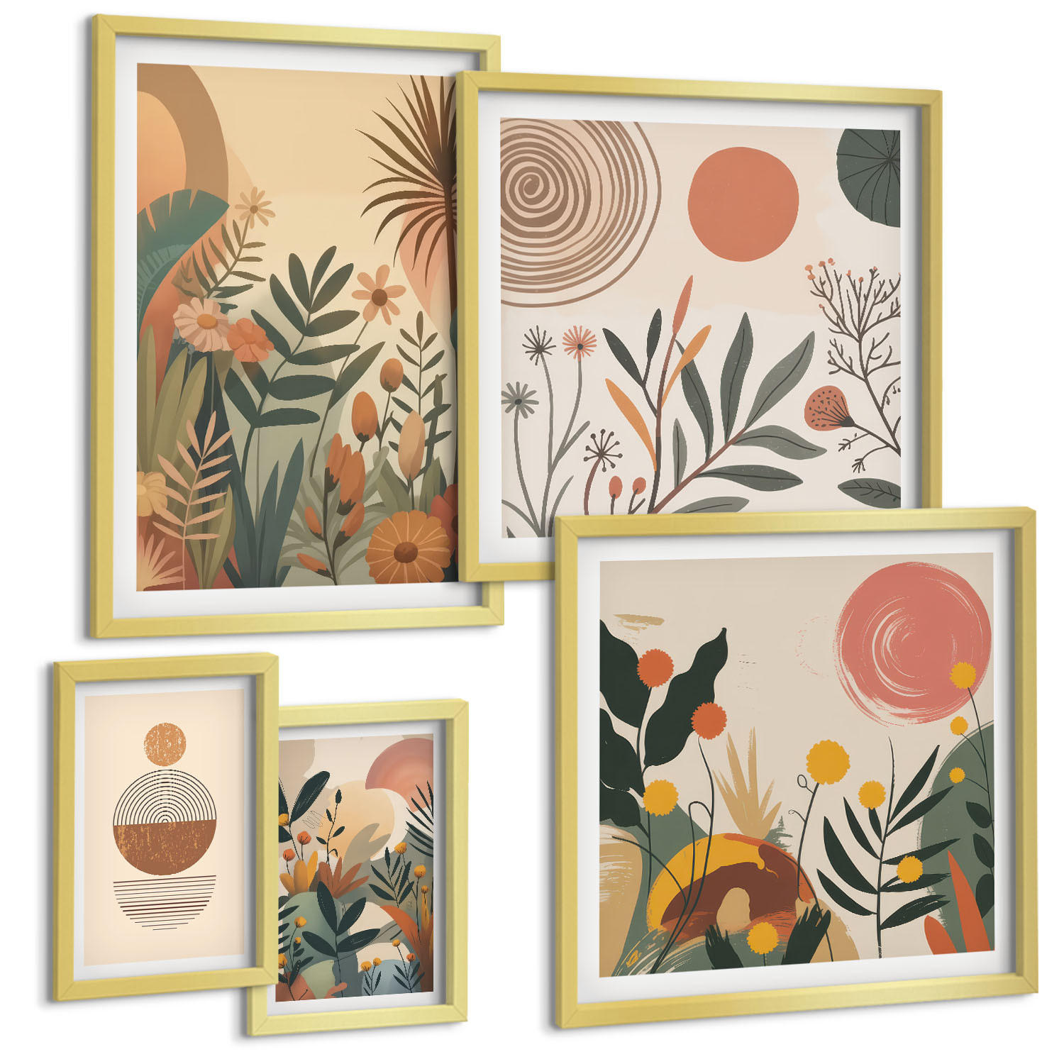 BILDER SET 5er Set - 50x50 cm & 20x30 cm & 40x60 cm Goldrahmen - Zitronenzweige mit blauen Blättern - Goldfarben, Kunststoff (40/60cm) - TULUP