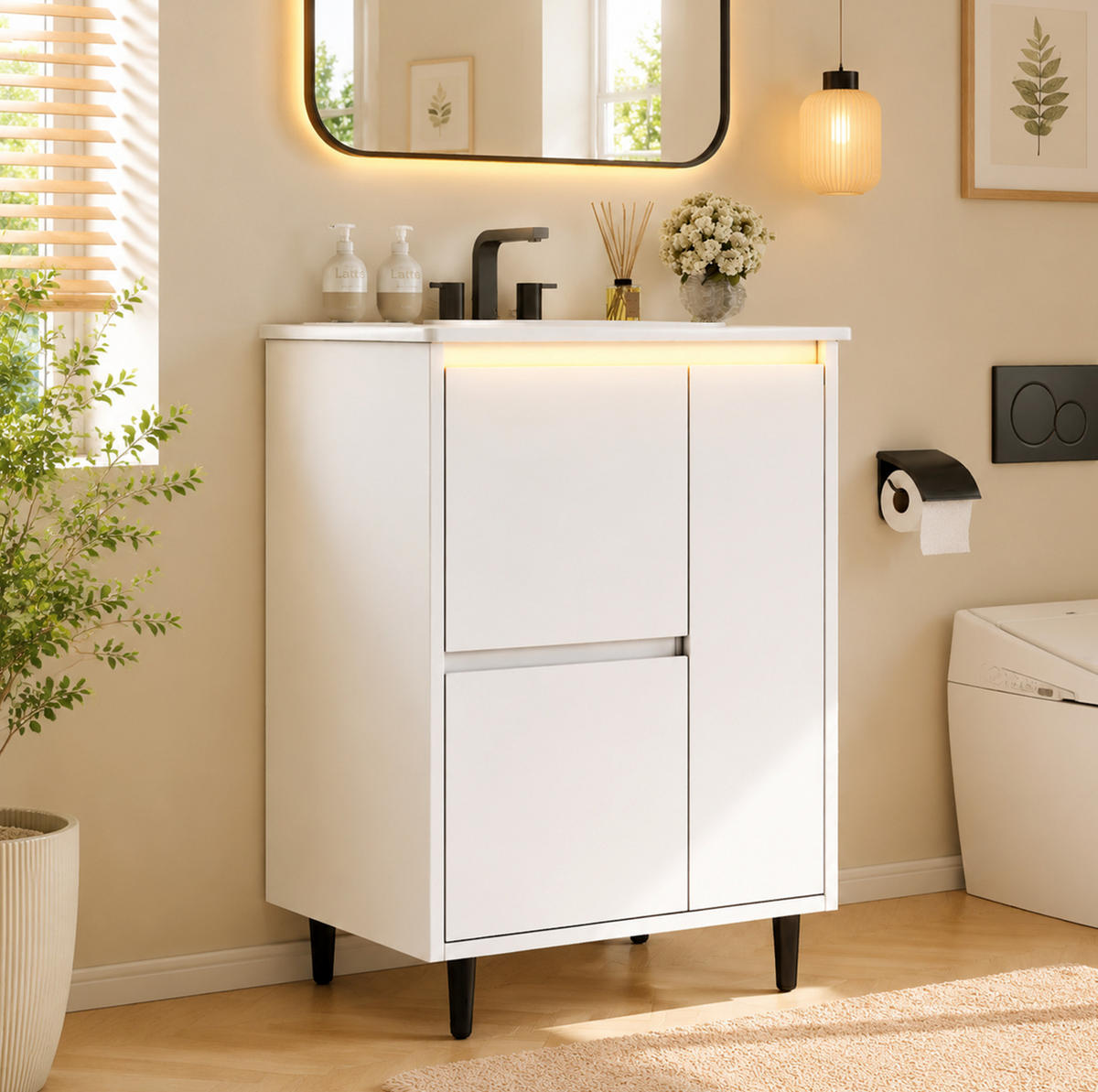 FREISTEHENDER Badezimmerwaschtisch aus MDF und Keramik 61x46,5x87 cm Weiß mit 2 Schubladen und Soft-Close - Weiß, Keramik (61/87/46.5cm) - Modfu
