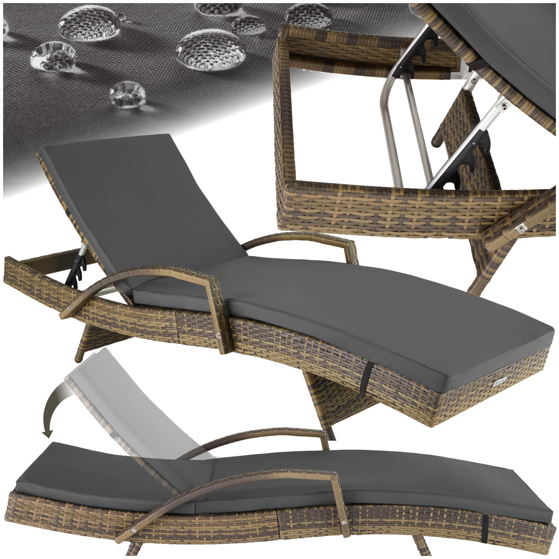 RATTAN-SONNENLIEGE Océane,190 x 71 x 34 – 74,5 cm,natur - Naturfarben, Kunststoff (71/74.5/190cm) - tectake