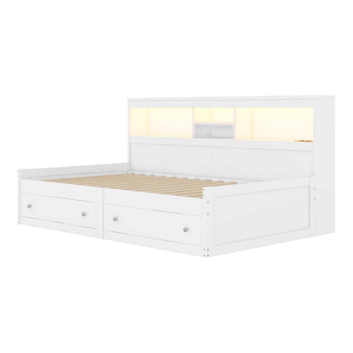 TAGEBETT 90x200cm Weiß Spanplatte Nachtkästchen 2 USB Ambiente-Licht - Weiß, Holz (90/200cm) - FLIEKS