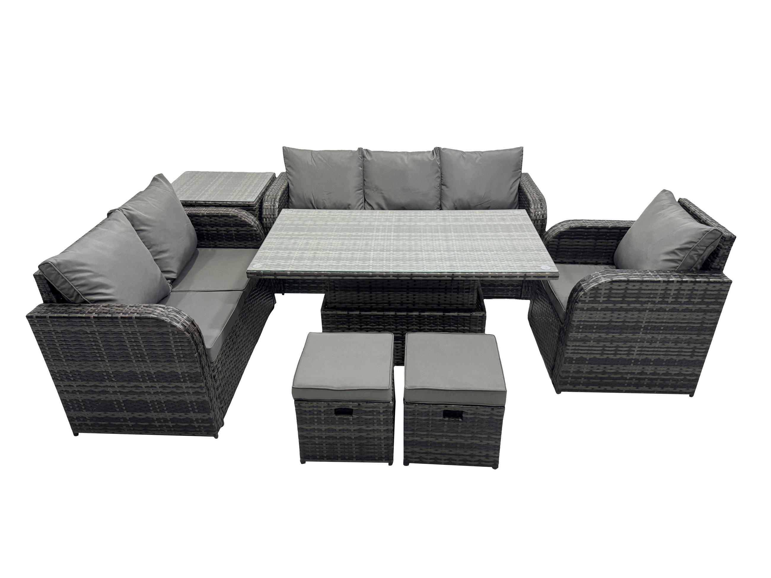GARTENMÖBEL SET mit Höhenverstellbarer Esstisch 3-Sitzer Sofa, Stuhl 8-Sitzer Grau - Dunkelgrau/Grau, Glas/Kunststoff - Fimous