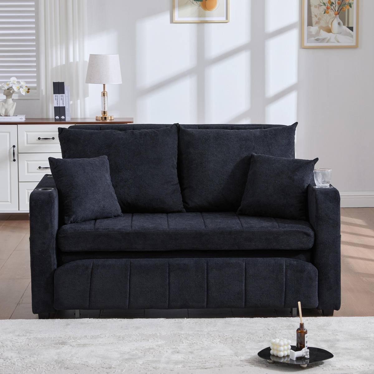SCHLAFSOFA 139/83/58 cm ausziehbar mit Schlaffunktion und Seitentaschen, Schwarz - Schwarz, Textil (139/83/73cm) - Redom