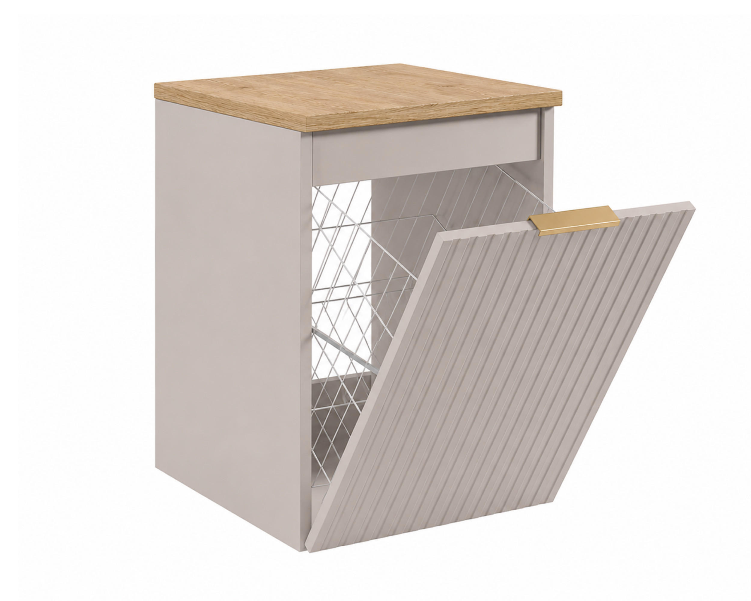 BADEZIMMERSCHRANK MIT WÄSCHEKORB: Kaschmir / Platte Helle Eiche, Griff Gold, 40 x 46 x 58,6 cm - Kaschmir/Eichefarben, Holzwerkstoff (40/58.6/46cm) - 3XE LIVING