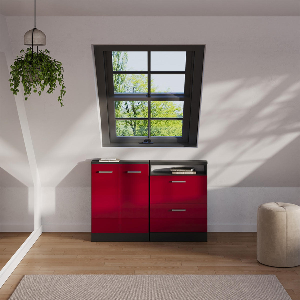 DACHSCHRÄGENSCHRANK Rion Rot Hochglanz/Anthrazit mit 2 Schubladen - Anthrazit/Rot, Holzwerkstoff (60/81.6/46cm) - Vicco