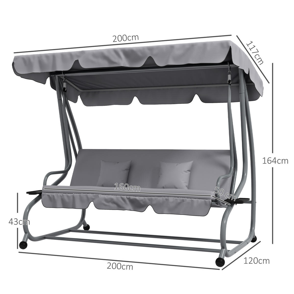 HOLLYWOODSCHAUKEL, Stahl, Grau, 200L x 120B x 164H cm - Grau, Metall (120/164/200cm) - Outsunny