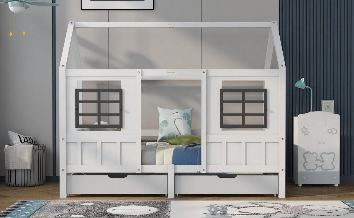 HAUSBETT 90/200 cm Weiß mit Fenstern und 2 Schubladen aus Kiefer und MDF - Weiß, Holz (90/200cm) - OKWISH