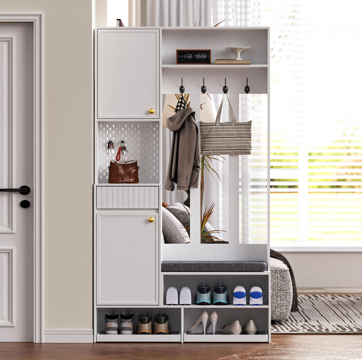 GARDEROBENSET mit Sitzbank 100 x 35 x 180 cm MDF Weiß - Weiß, Holzwerkstoff (35/180/100cm) - Beauniv