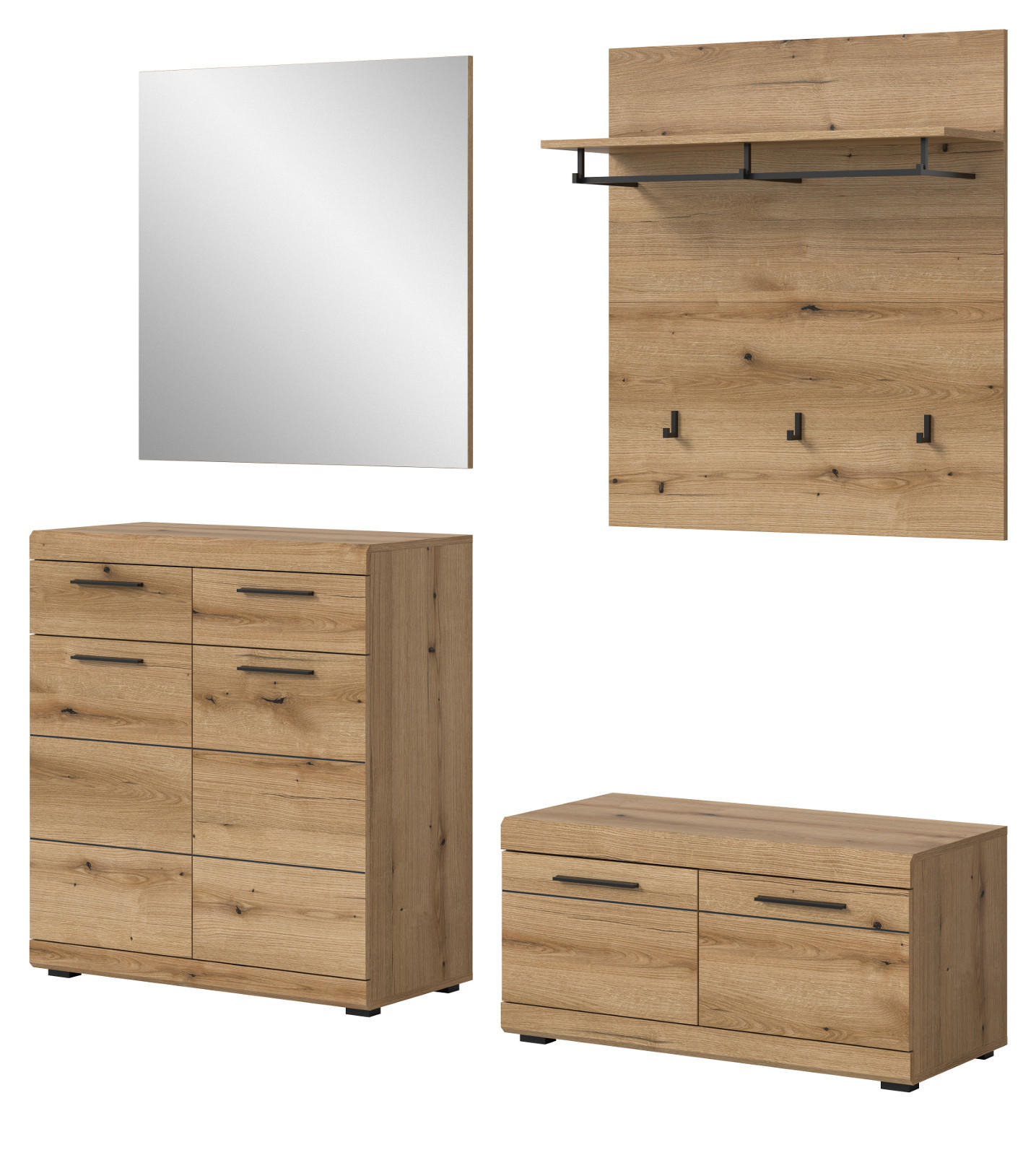 GARDEROBE Set 4-teilig Evoke Eiche 195 cm, Flurmöbel mit viel Stauraum - Eichefarben/Schwarz, Glas/Holzwerkstoff (195/197/40cm) - Inn.Furn