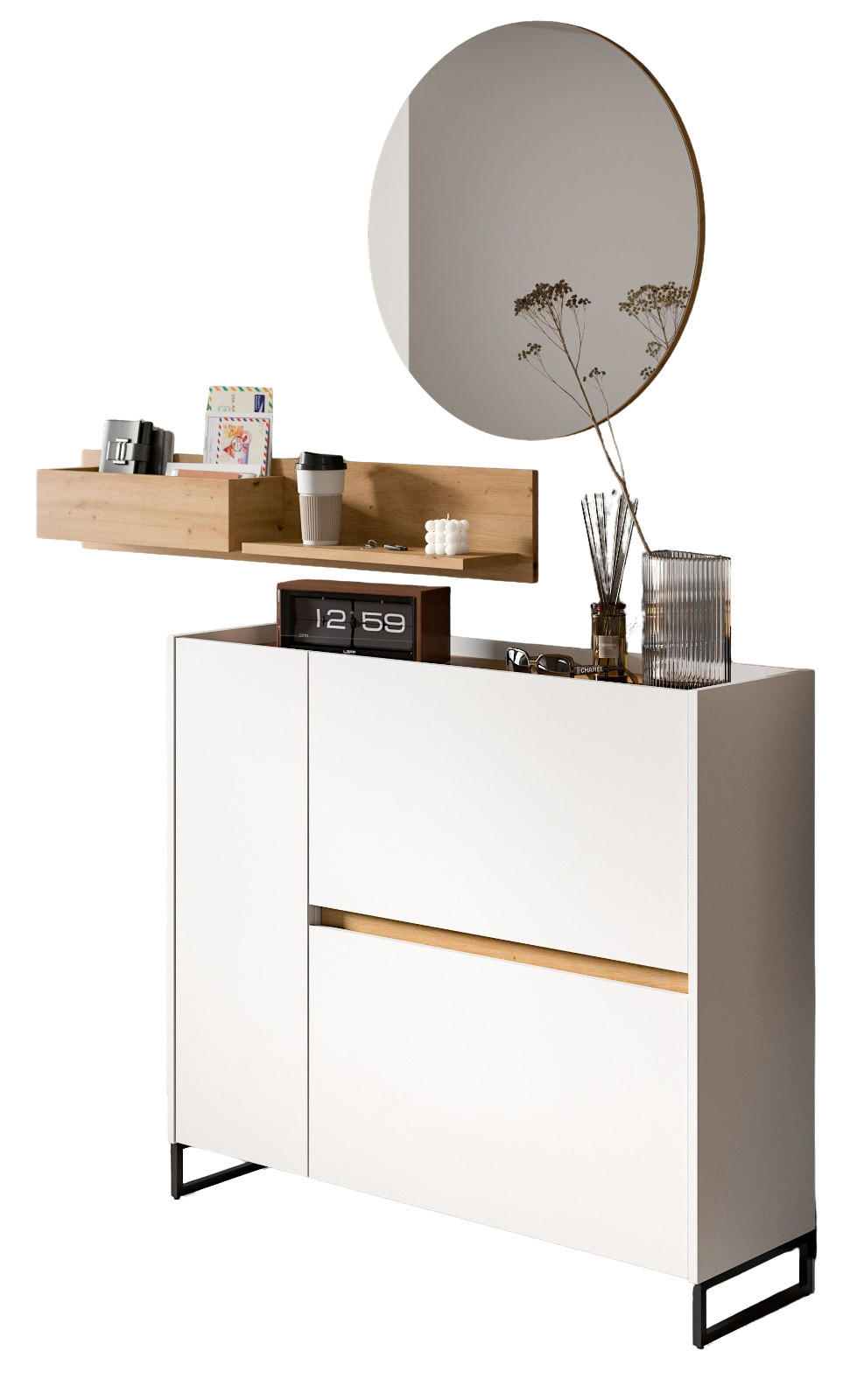 GARDEROBE-SET weiß und Artisan Eiche, Garderobe 3-teilig, 140 x 197 cm, Soft-Close, Borga - Schwarz/Weiß, Holzwerkstoff/Metall (140/197/32cm) - Inn.Furn