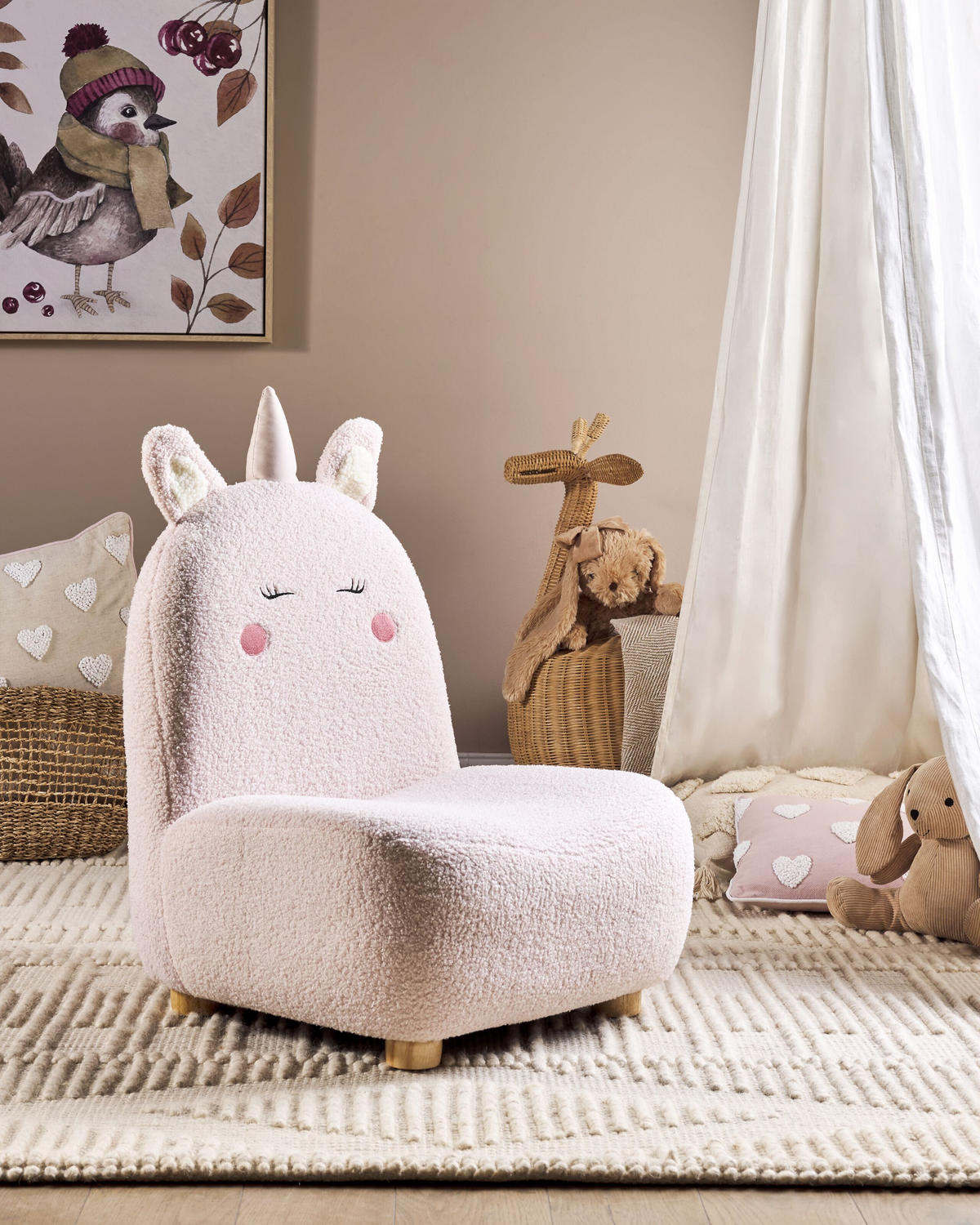 KINDERSESSEL Teddy-Optik pastellrosa Tierform Einhorn Lulea - Hellbraun/Pink, Kunststoff/Textil (50/75/54cm) - Beliani