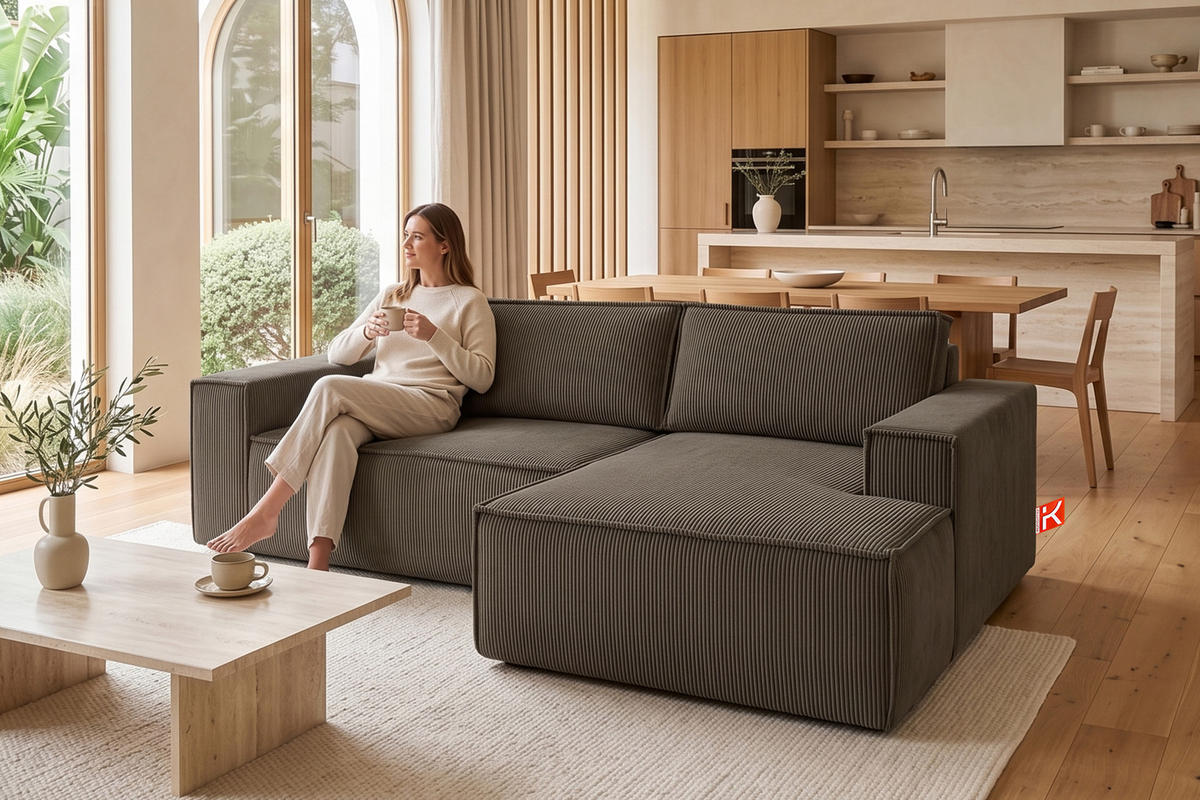 ECKSCHLAFSOFA-RECHTS NAPI in Pet Friendly Cord-Stoff, braun - Schwarz/Braun, Textil (262/148cm) - KONSIMO®