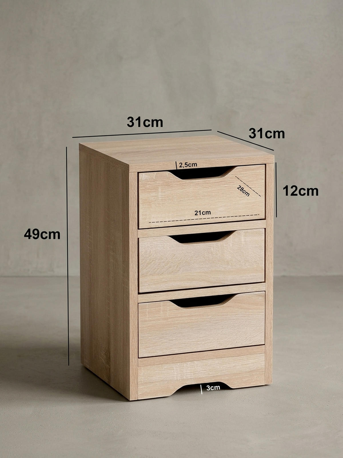 NACHTTISCH 3 Schubladen Modern Kratzfest Wasserabweisend, Beige 31x31x49 cm - Beige/Braun, Holz (31/49/31cm) - KADIMA DESIGN