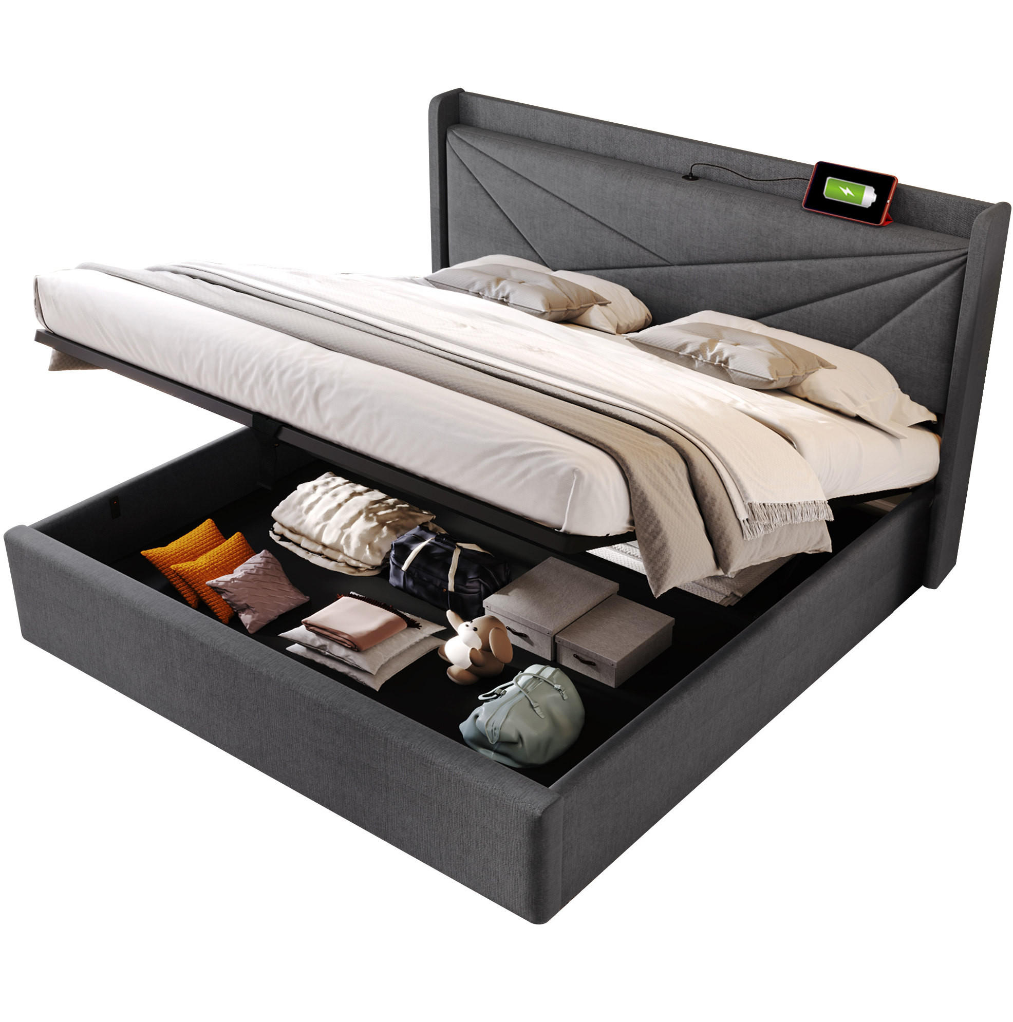 POLSTERBETT 160/200 cm Grau aus Baumwolle und Leinen mit Bettkasten und USB Typ-C - Grau, Textil (160/200cm) - OKMYHOME