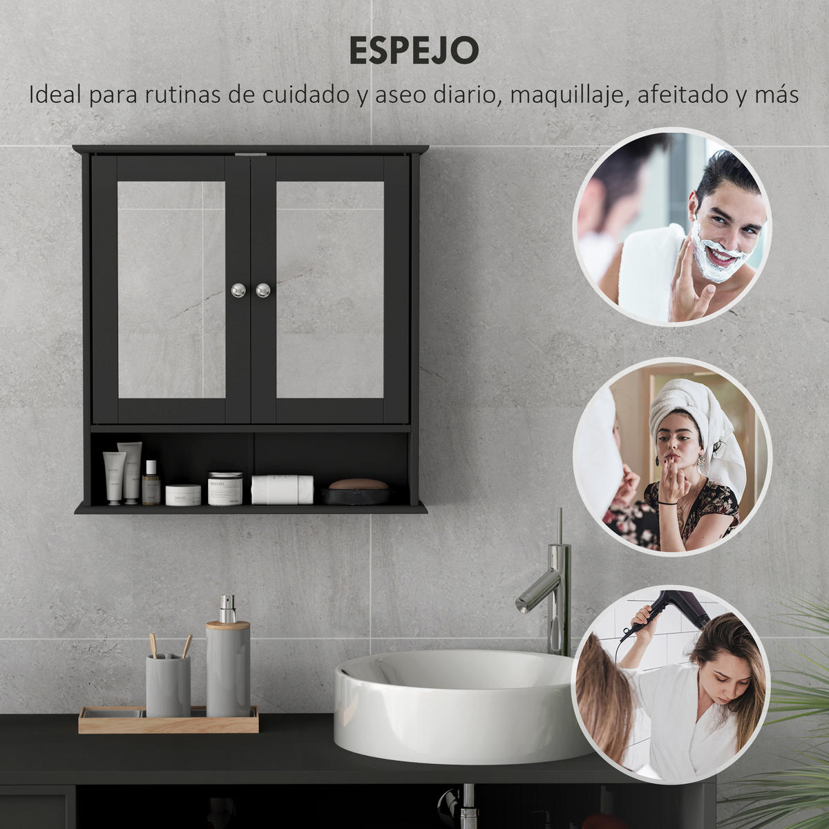 SPIEGELSCHRANK ,offenem Fach, verstellbarem Einlegeboden, 56 x 13 x 58 cm ,Schwarz - Schwarz, Glas (56/58/13cm) - Vallsero