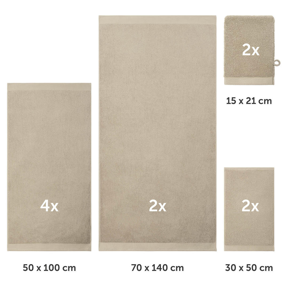 HANDTUCH 8-teilig, 2x Badetuch 70/140 + 4x Handtuch 50/100 + 2x Gästetuch 30/30 + 2x Waschlappen 15/20 cm, Taupe - Taupe, Textil (70/140cm) - Blumtal