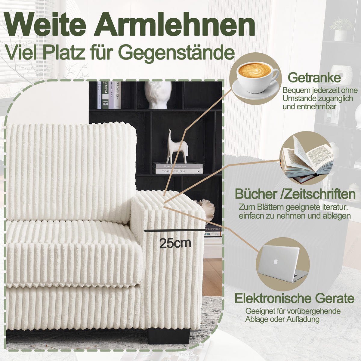 ECKSOFA 256.5/133.5/89 cm Beige Cord mit 2 Kissen und ovaler Fußhocker - Beige, Textil (133.5/89/256.5cm) - Oxeza