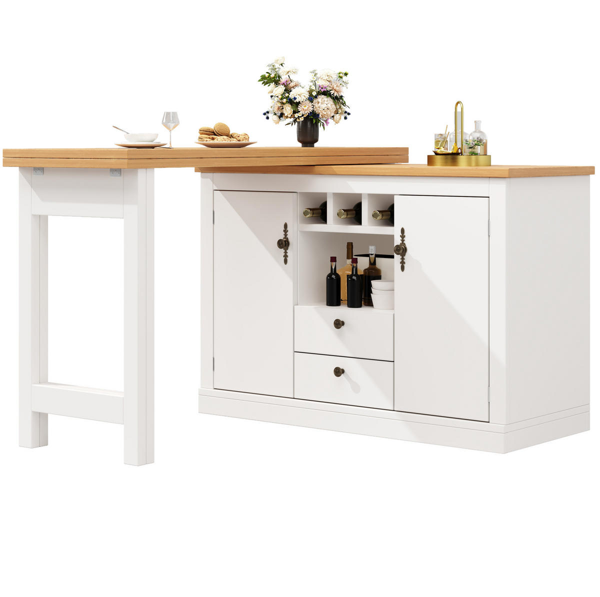 BAROVÝ stůl 120-180/40/76 cm výsuvný, otočný o 360° s úložným prostorem, MDF, Přírodní/Bílá - přírodní, kompozitní dřevo (40/180/76cm) - Redom
