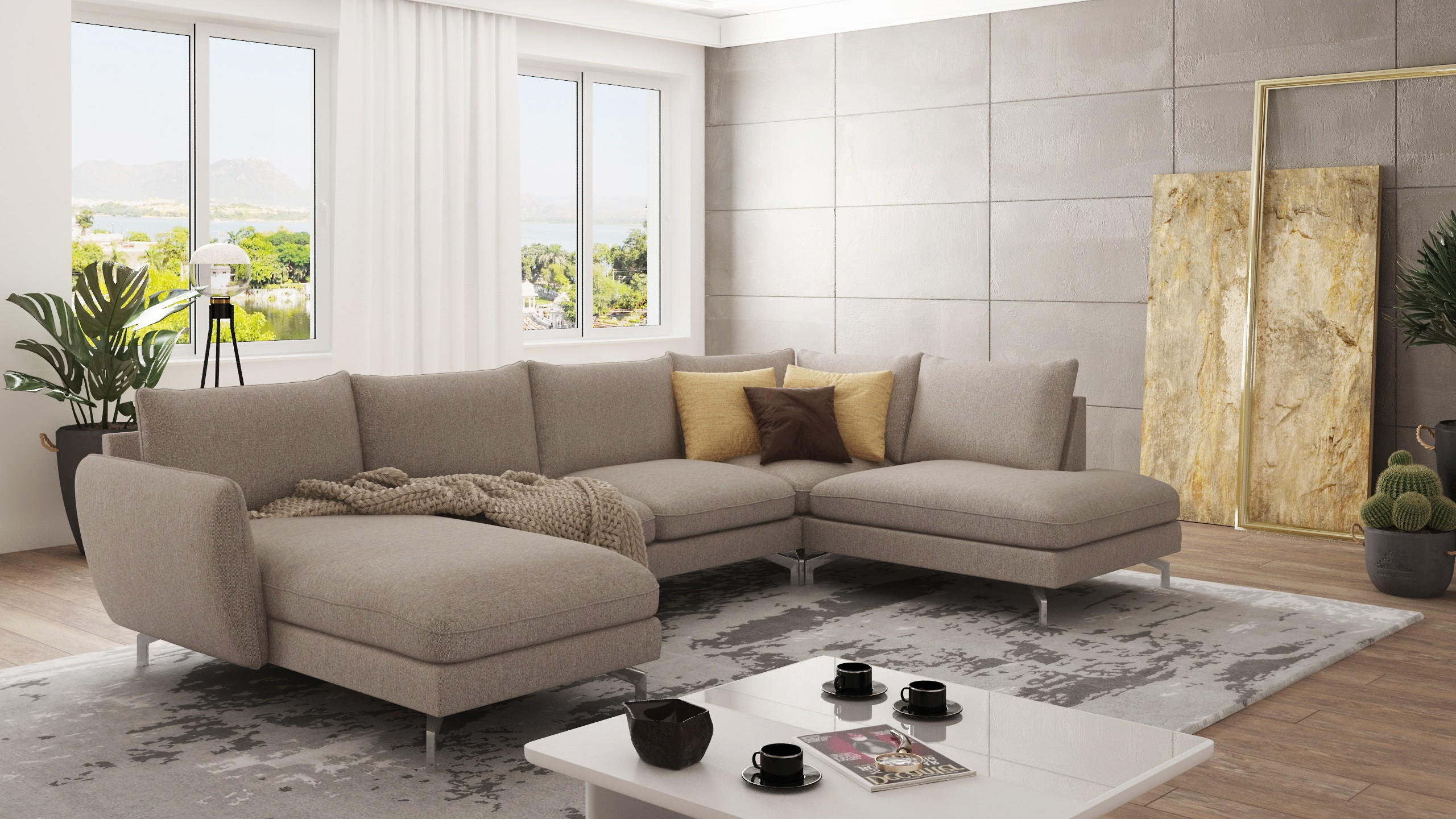 WOHNLANDSCHAFT Elou Dunkelbeige Microfaser - Chromfarben/Beige, Textil/Metall (336/87/200cm) - S-Style Möbel