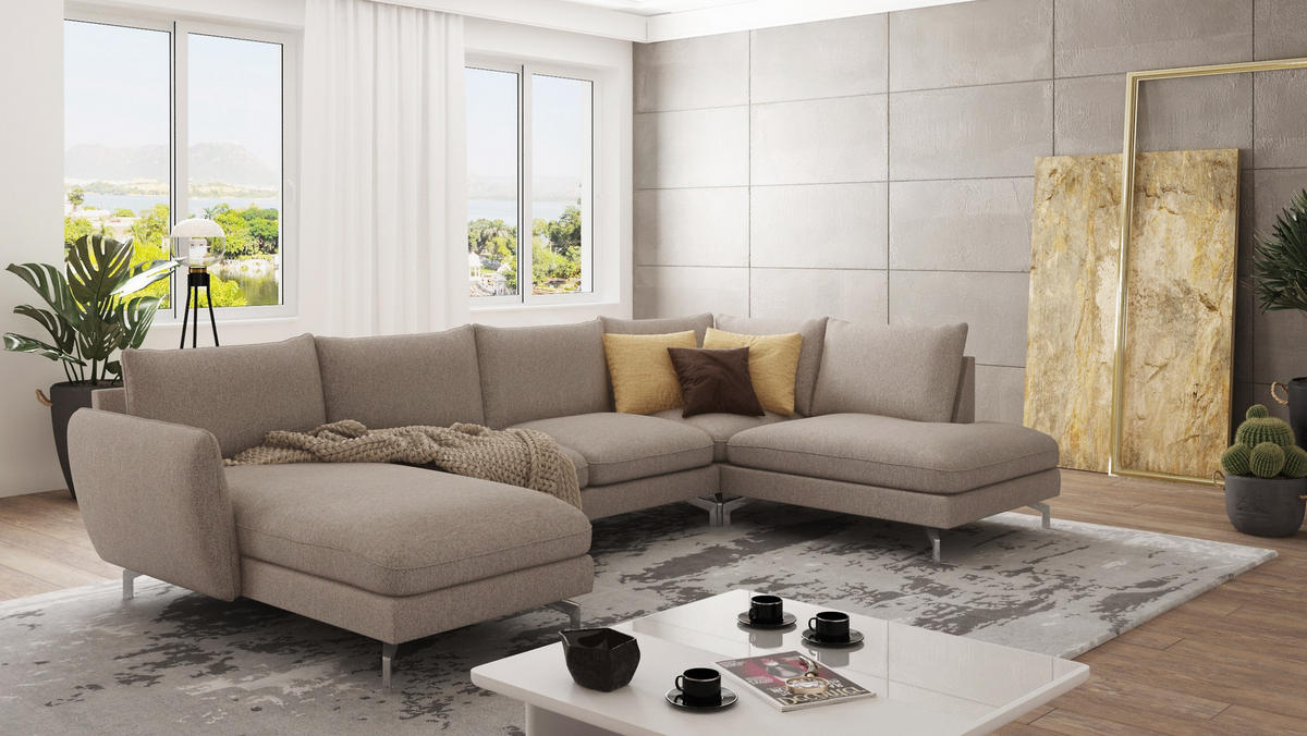 WOHNLANDSCHAFT Elou Dunkelbeige Microfaser - Chromfarben/Beige, Textil/Metall (336/87/200cm) - S-Style Möbel