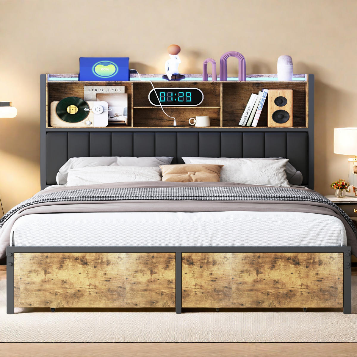 METALLBETT 160x200 cm mit LED, USB & Schubladen, Stauraumbett, Schwarz - Schwarz, Holz (160/200cm)