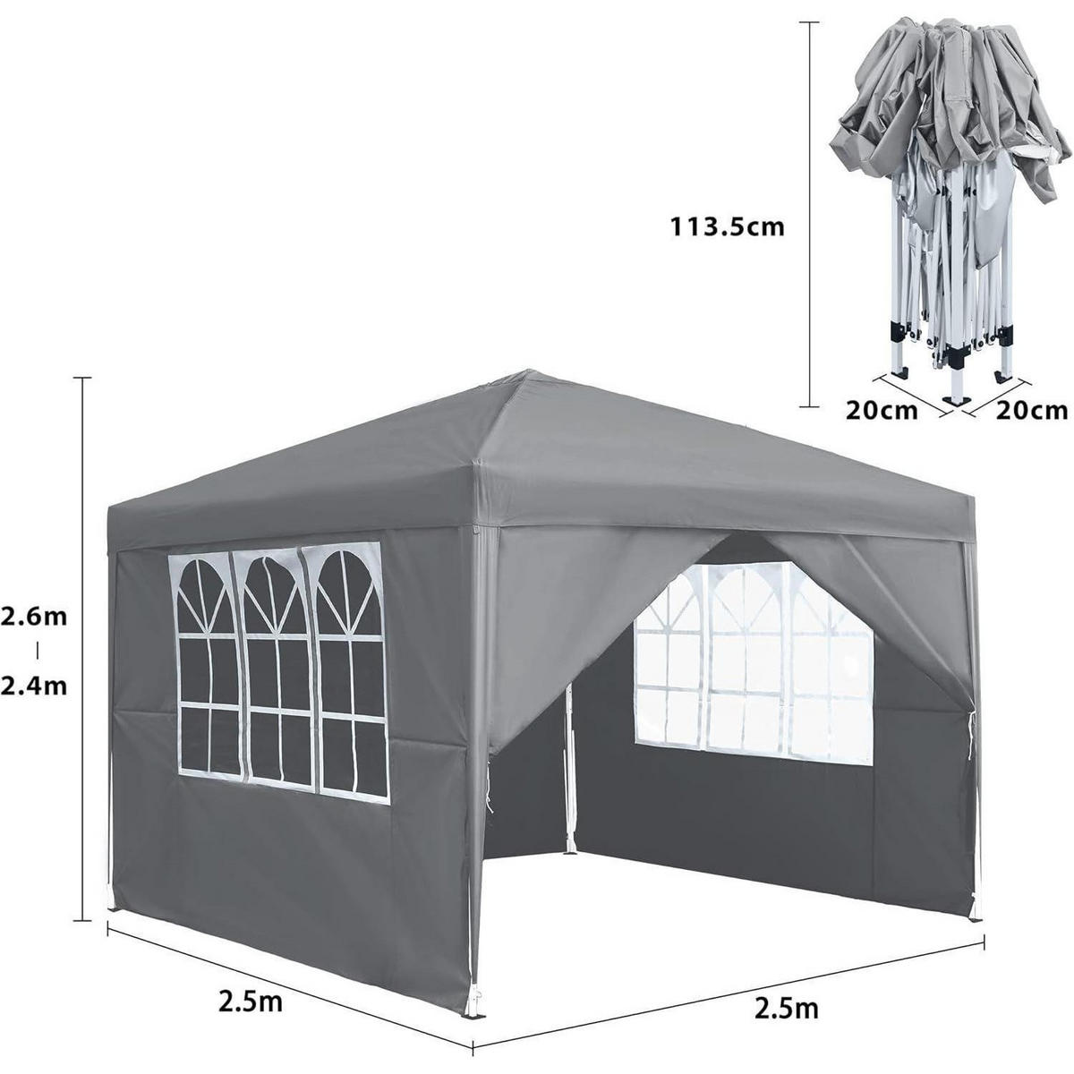 FALTPAVILLON 2,5 x 2,5 m mit Seitenteilen Grau - Grau, Textil (250/260/250cm)