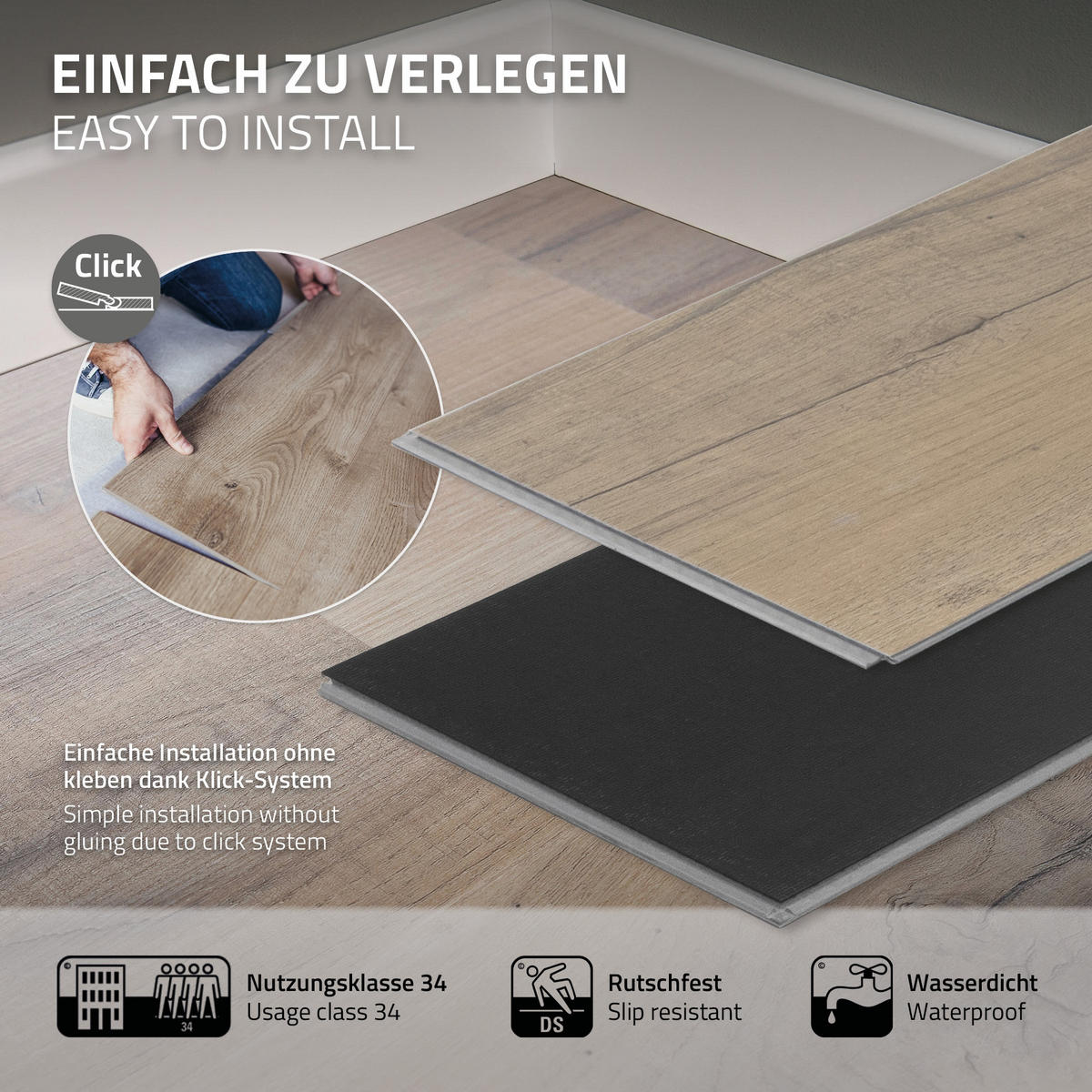 VINYLOVÁ PODLAHA s klikovým systémem 1,54 m²/7 lamel, PVC podlahová krytina, dub rustikální světlý, vzhled dřeva - barva dubu, plast/umělá hmota (122/18/0.42cm) - ML-DESIGN