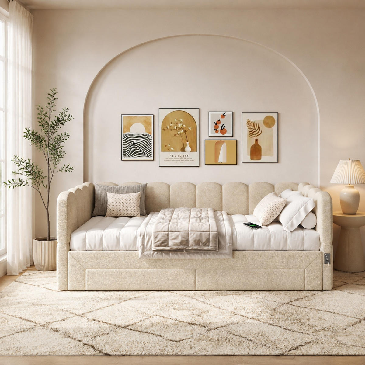 POLSTERBETT 90/190 mit Ausziehfunktion, Schubladen und USB-Anschluss in Beige - Beige, Holzwerkstoff/Textil (90/190cm) - EVRYAE