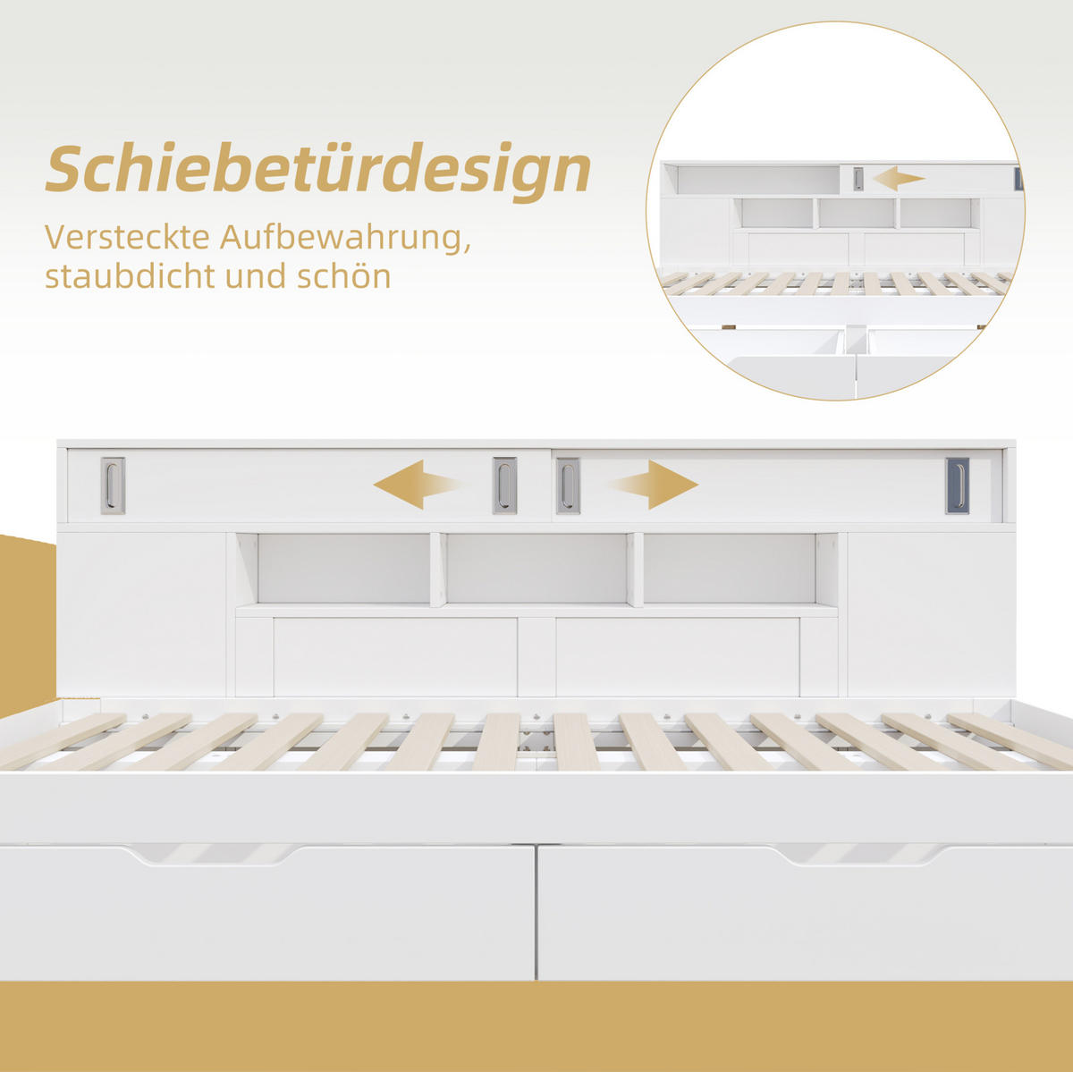 KINDERBETT aus MDF 140x190 cm Weiß mit 2 Schubladen, Schiebetürenschrank und verstellbaren Regalen - Weiß, Holzwerkstoff (140/190cm) - Modfu