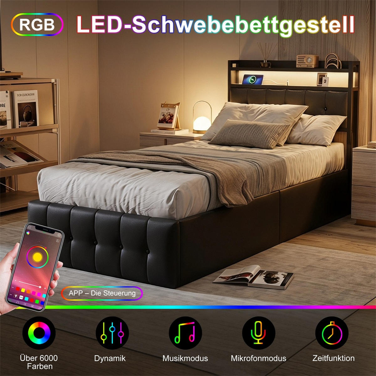 POLSTERBETT 90x200 cm mit hydraulischem Stauraum - Ladestation & LED-Beleuchtung - Gepolstertes Kopfteil - Schwarz - Schwarz, Textil (90/200cm) - DELFA