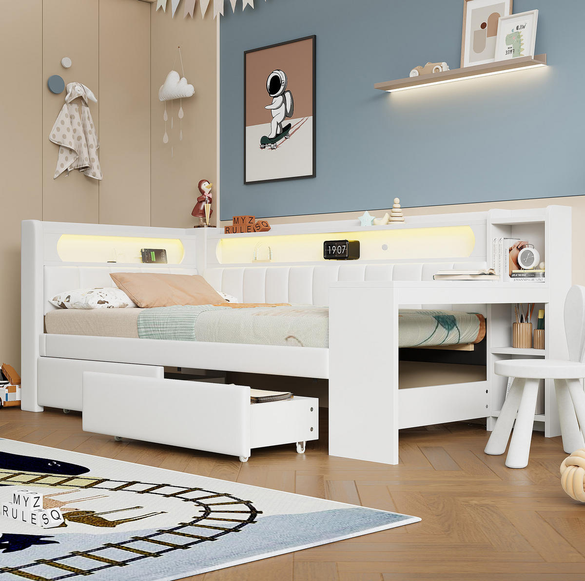 POLSTERBETT 90/200 cm Weiß mit LED-Beleuchtung, USB-Anschluss, Schreibtisch und 2 Schubladen - Weiß, Holzwerkstoff (90/200cm) - Flora Grace