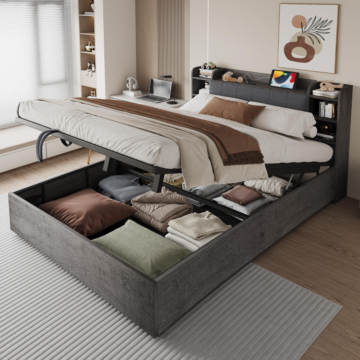 POSTEĽ 180/200 cm sivá z MDF s hydraulickým úložným priestorom a čelom s USB a USB-C - sivá, kompozitné drevo (180/200cm) - OKWISH