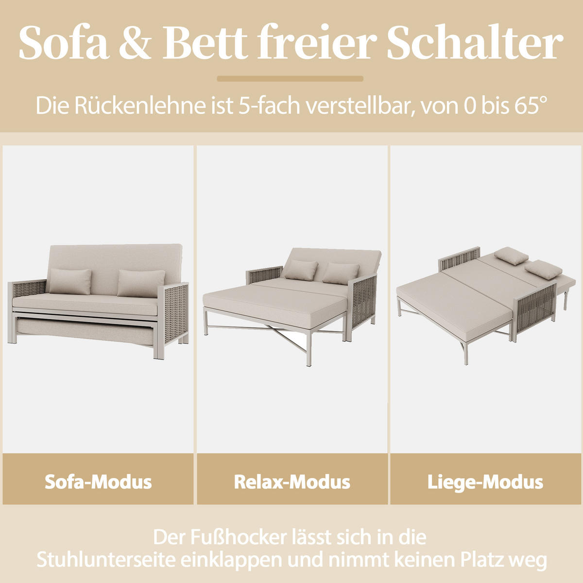 GARTENMÖBEL, 2-Personen Outdoor-Liegebett, Rückenlehne 0-65°, Khaki/Beige - Hellbraun, Textil (131.5/91/151.3cm) - FLIEKS