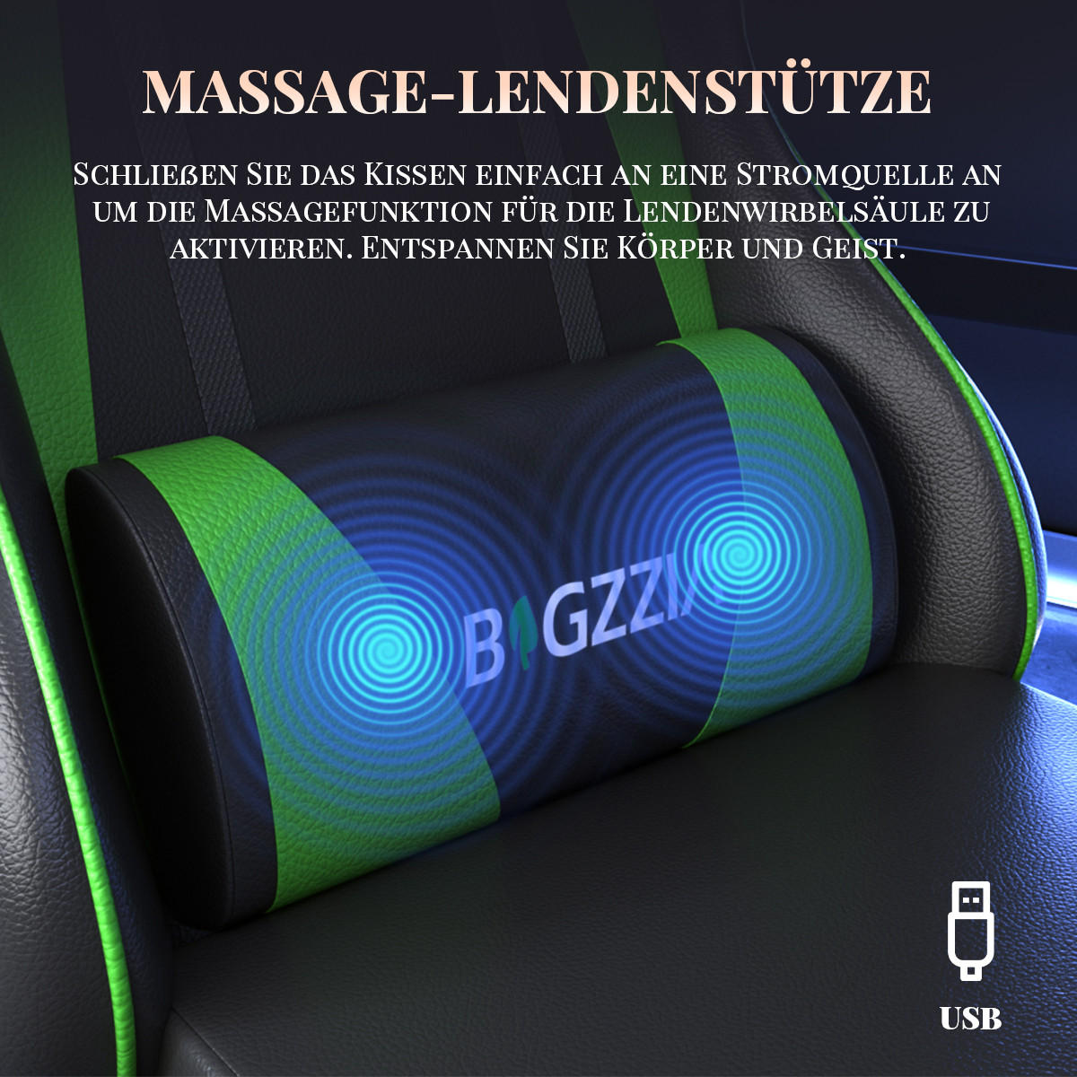 GAMINGSTUHL Schwarz-Grün,mit Massage,Fußstütze, Ergonomisch, Verstellbar - Grün, Metall (26/59/77cm) - Rattrix