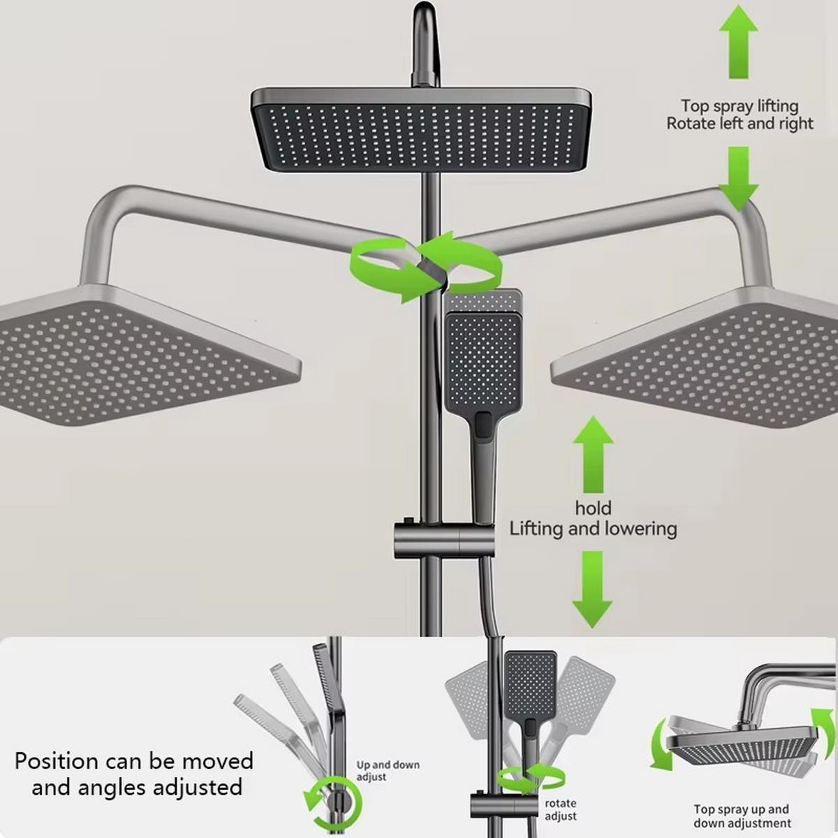 ÜBERKOPFBRAUSESET Aluminium Digitalanzeige, LED Klavierknopf, Duschkopf - Dunkelgrau, Metall (20/125/30cm) - Bextcok
