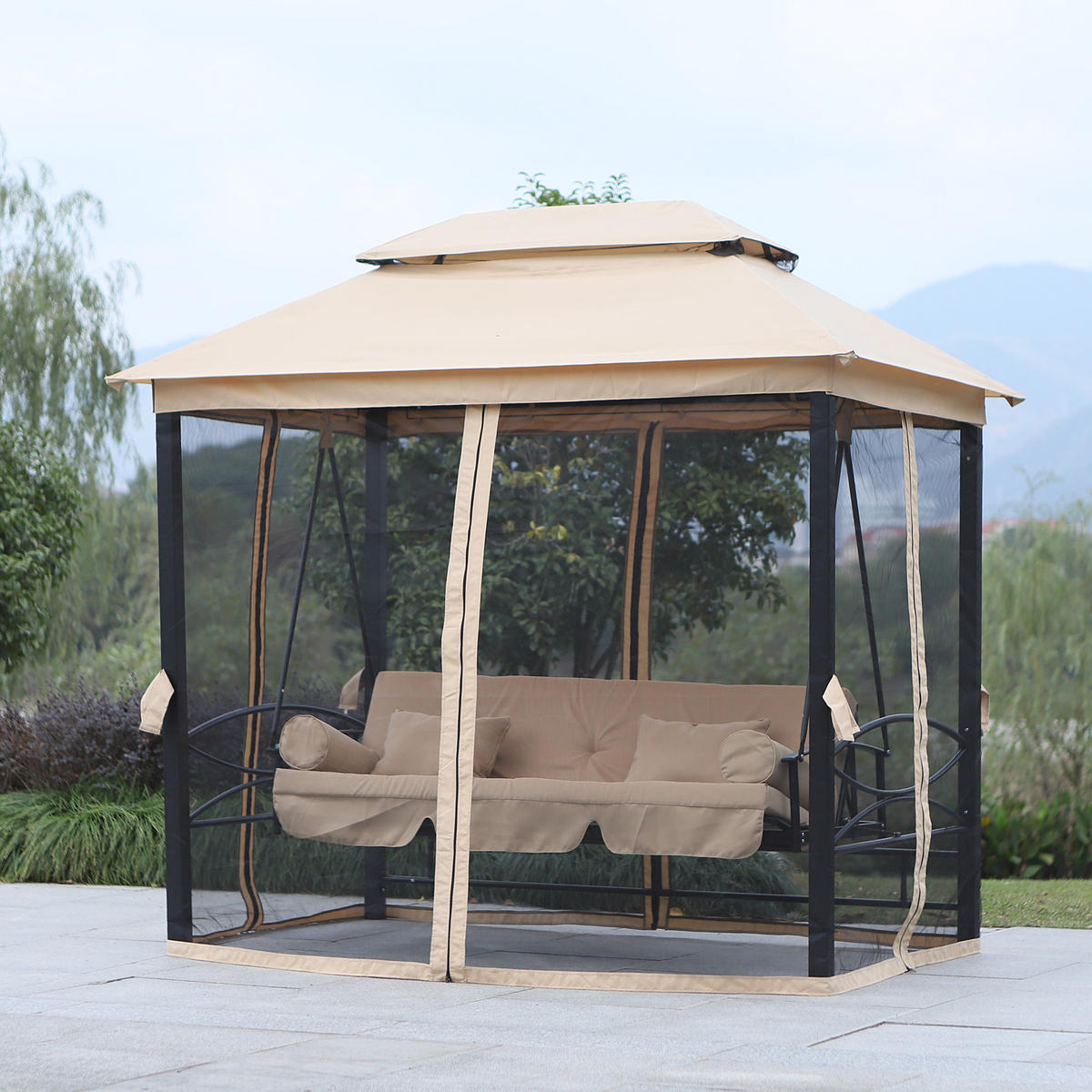 HOLLYWOODSCHAUKEL DE-06995 3-Sitzer, mit Seitenwänden & Moskitonetz, Liegefunktion Beige - Beige/Schwarz, Metall (256/248/172cm) - ComfortXL