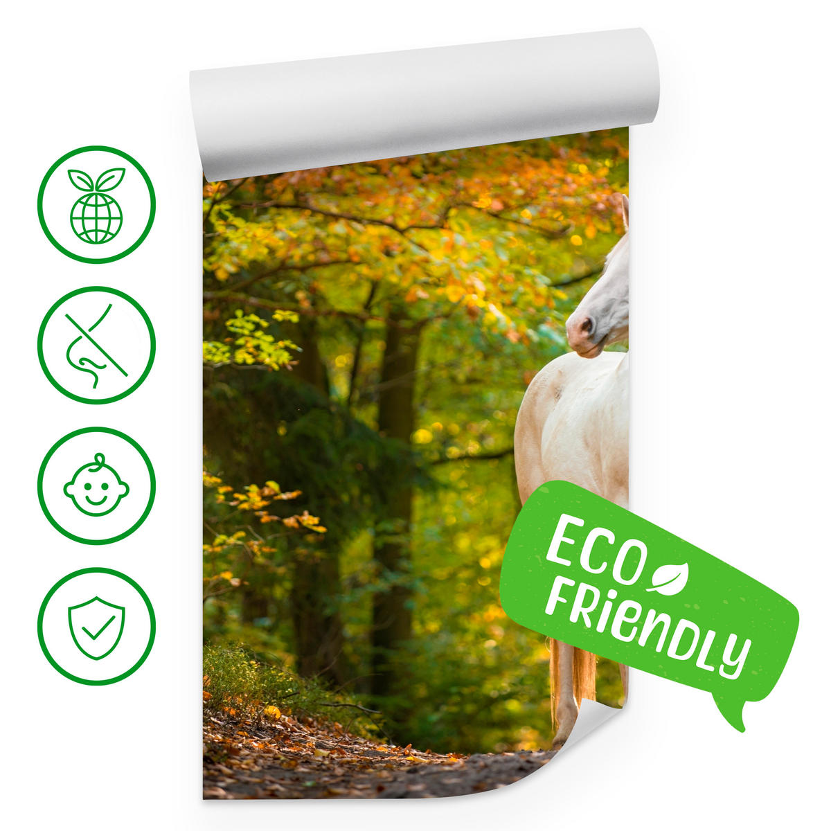 FOTOTAPETE für Schlafzimmer Weißes Pferd Wald Bäume Blätter 250x175 - Gelb/Beige, Papier (250/175cm) - Muralo