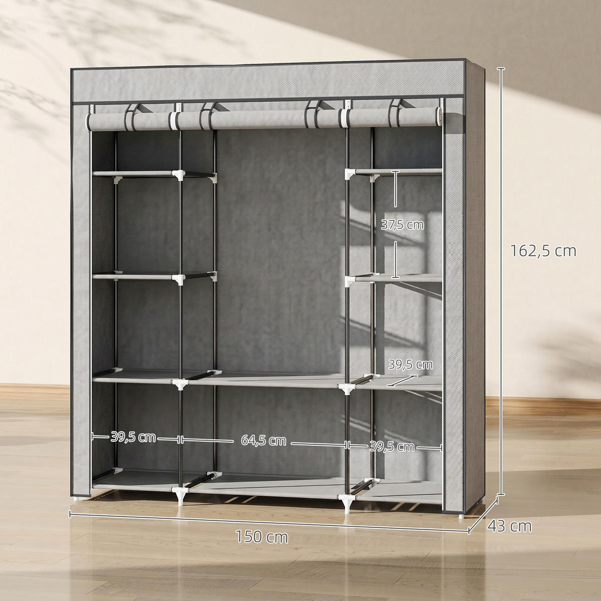 STOFFSCHRANK Hellgrau 1 Stück - Hellgrau, Naturmaterialien (150/162.5/43cm) - GiPP