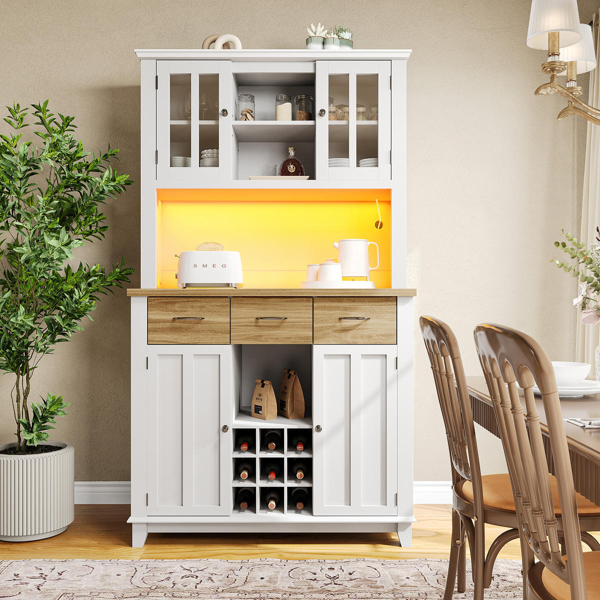 GESCHIRRSCHRANK aus MDF 106x40x179,5 cm in Weiß mit LED-Beleuchtung - Weiß, Holzwerkstoff (106/179.5/40cm) - Modfu