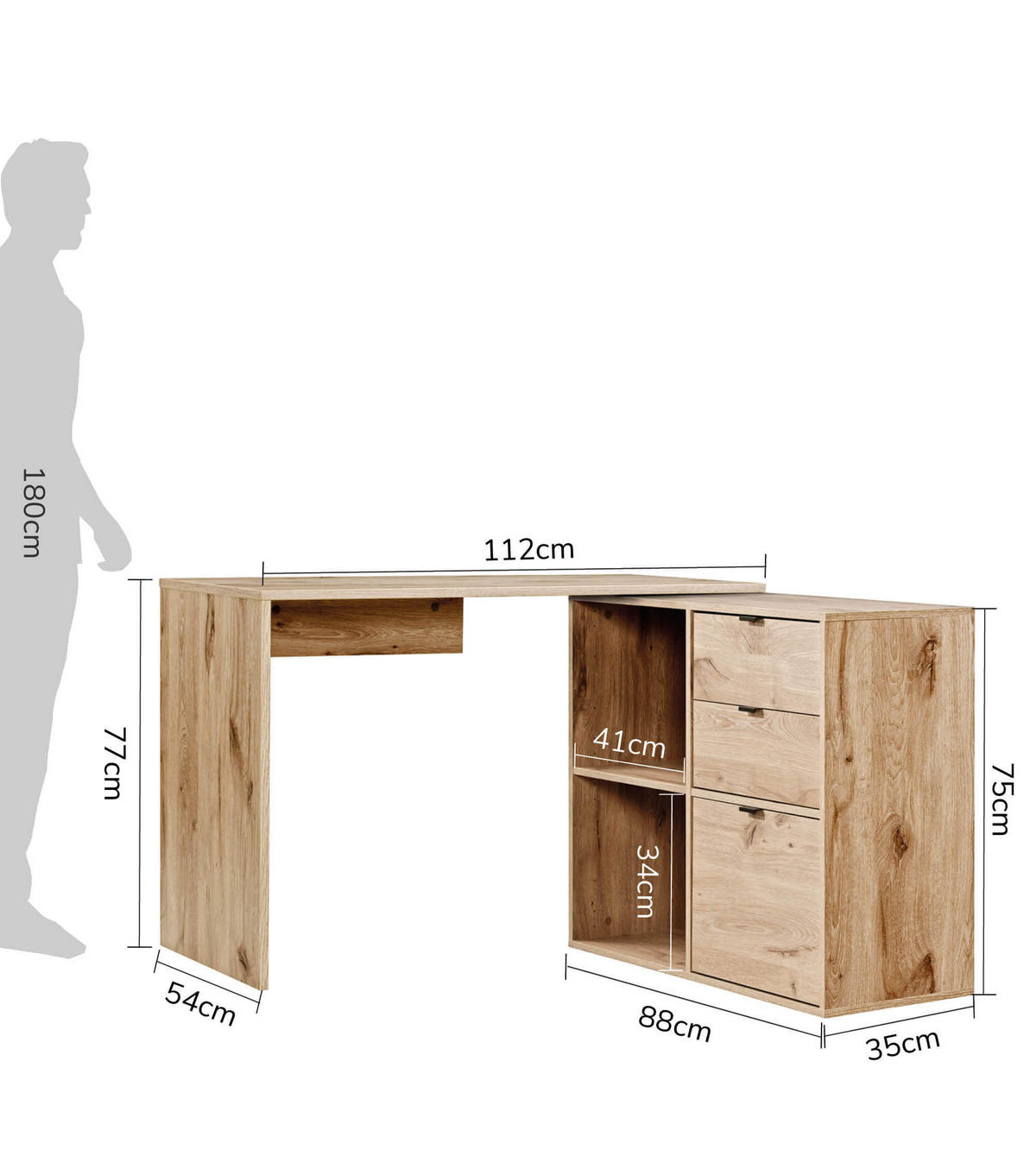 ECKSCHREIBTISCH Der Produktive - Eichefarben, Holzwerkstoff (54/112/77cm) - Mokebo