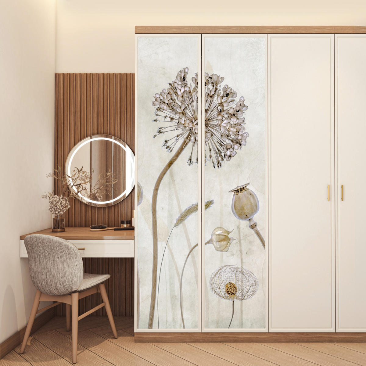 FOTOTAPETE Tür - Blumen - Aquarell - Stilleben - Braun - Vintage 95x235 cm - Ecru, Kunststoff (95/0.1cm) - MuchoWow